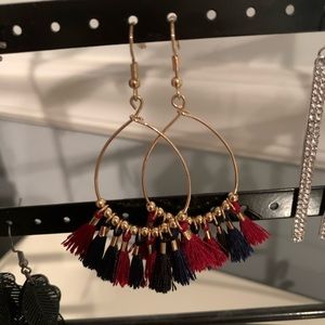 Gold red and blue dangle earrings